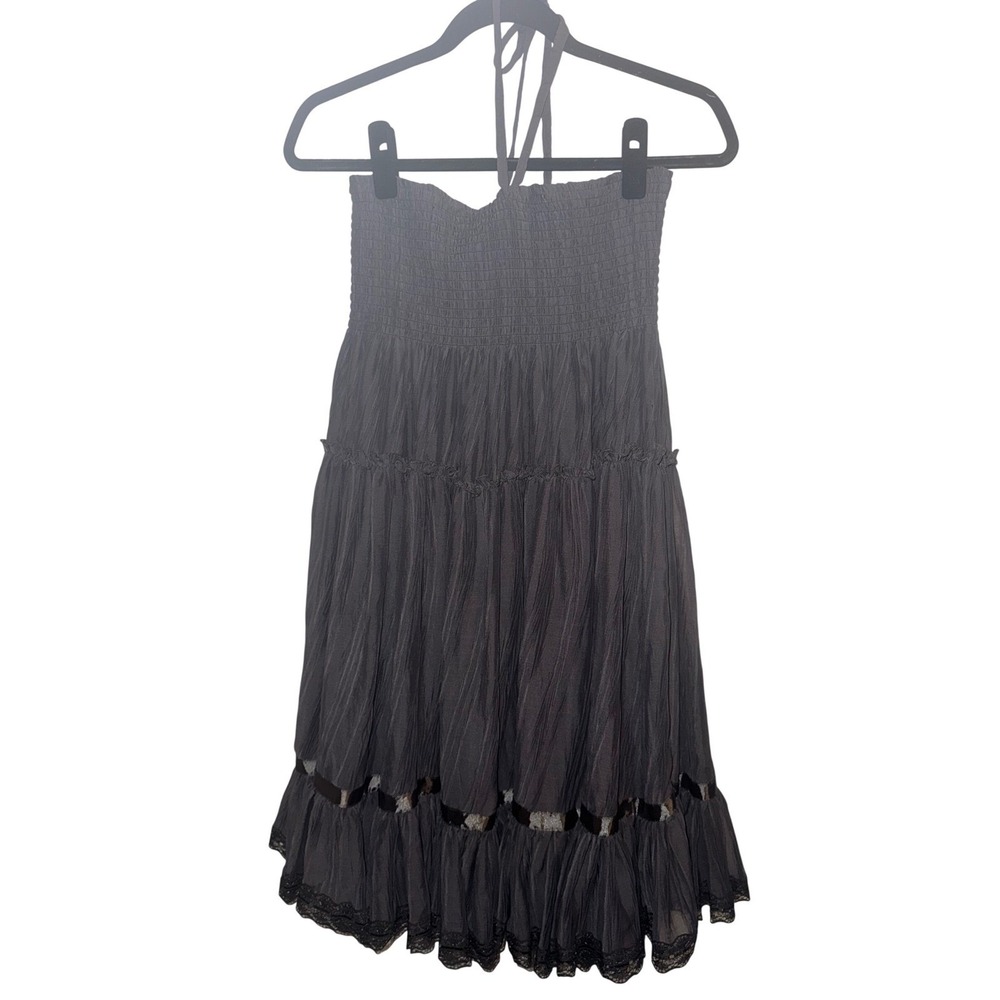 OS Gray Smocked Halter Dress Tiered Crinkle Lace Trim Boho Fairy Whimsical